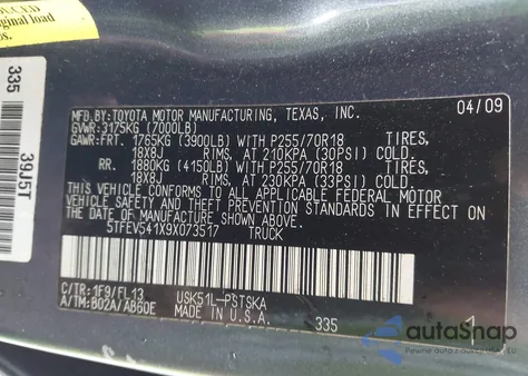 2009 Toyota Tundra Sr5 5.7L V8 из США, поврежденный, VIN 5TFEV541X9X073517